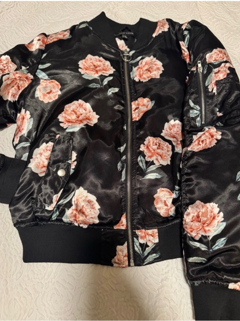 New Look Black Bomber Jacket with Peach Floral Print